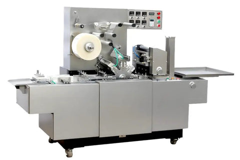 Automatic Cellophane Overwrapping Wrapper Machine For Perfume Bars Chocolate And Soap Boxes 3D Transparent Film Packing Sealer front view.