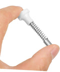 Hand holding a spring-loaded part of Four Pack Crib Latch Window Screen Pin Set Spring Loaded Bed Latches Window Screen Repair Kit.