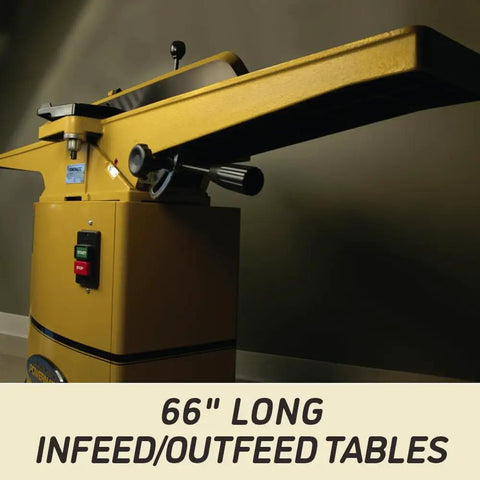 Six Inch Jointer With Three Auto-Set High Speed Steel Knives, 1 HP Single Phase 115/230V, 66 In Infeed and Outfeed Tables