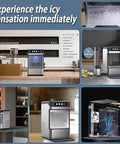 Portable Stainless Steel Countertop Ice Machine Makes Soft Nugget Ice Fast Self Cleaning One Touch Operation Party Ready design in kitchen setting.