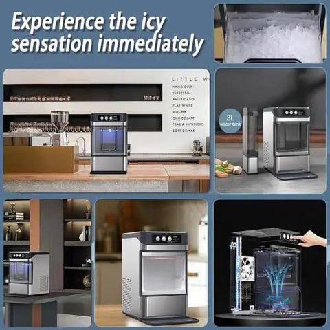 Portable Stainless Steel Countertop Ice Machine Makes Soft Nugget Ice Fast Self Cleaning One Touch Operation Party Ready design in kitchen setting.