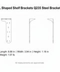 Diagram of L Shaped Shelf Bracket in White Steel Built Tough for Wall Mounted Cabinets and Floating Shelves with dimensions