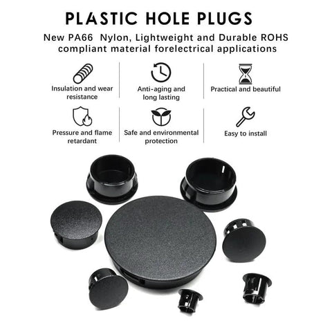 50 Pack Black Plastic Hole Plugs Half Inch 13 Mm Flush Type Snap In Locking Tube Plugs Knockout Seal End Caps Made Of RoHS Compliant Nylon for Furniture Cabinets Fencing Posts and Pipes
