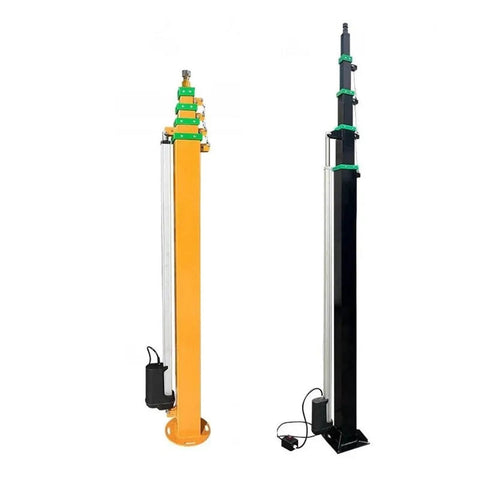 Rock Solid Manual Telescopic Lifting Mast With Bulletproof Mechanical Winch For Zero Hassle Height Adjustments On Security Cameras Dish Antennas And Floodlights Universal Top Plate, shown in orange and black.