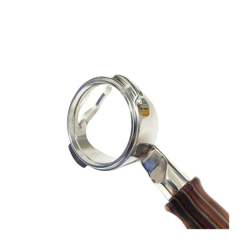 58mm Bottomless Portafilter With Slick Wood Handle And Precise Two Cup Basket For Straight Shots Heavy Duty Stainless Steel.
