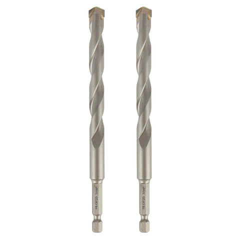 Two 7/16-inch x 6-inch masonry drill bits with hex shanks; steel bits for concrete and brick.