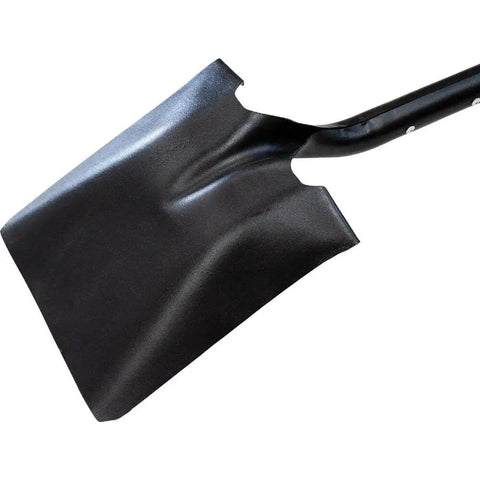 Heavy Duty Square Point Shovel With 14 Gauge Steel Head And Long Fiberglass Handle For Landscaping And Gardening, close-up of steel head.
