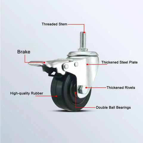 Heavy Duty Swivel Caster Wheels With Top Plate Brake Locking Casters, detailed view showing parts labeled, for workshop use.