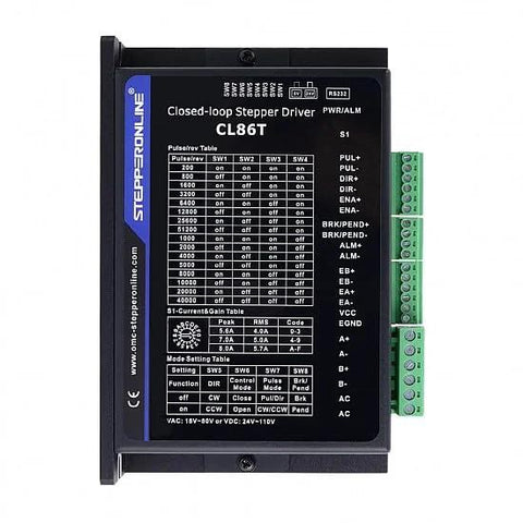 Front view of StepperOnline CL86T V4.1 closed-loop stepper driver module, black enclosure with green terminal blocks