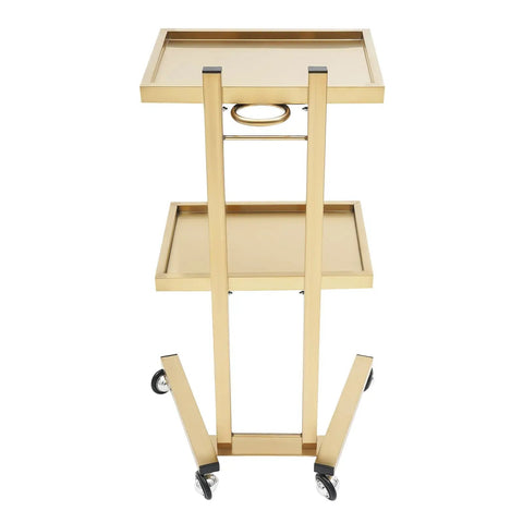 Two Tier Stainless Steel Rolling Cart With Wheels, Foldable Salon Tray Trolley For Tattoo Studio, Golden Finish, front view.