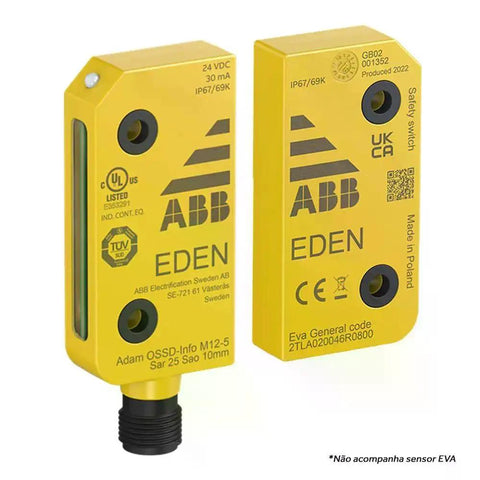 Front view of 2TLA020051R5400 Adam Safety Sensor With OSSD Signals And M12 Connector IP69K Rated, showing robust yellow casing and connector.