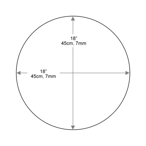 Diagram of 18-inch round tempered glass table top, three-eighths inch thick with flat polished edge, for multiple surfaces.