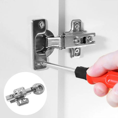 Close-up of 4 pack stainless steel folding cabinet hinges with soft close damper for frameless cabinets being installed
