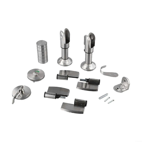Heavy Duty Restroom Privacy Locks Hinges Kit For Public Partitions With Corner Codes shown in stainless steel components