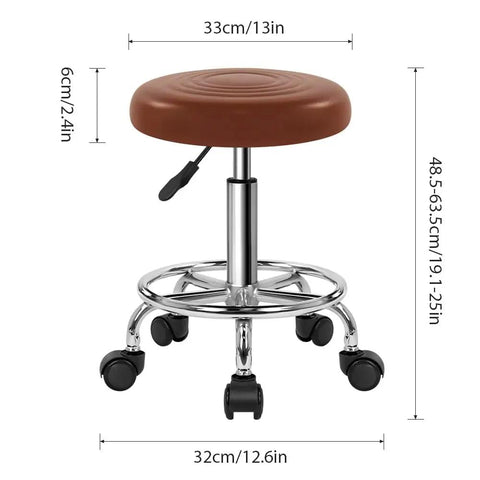 Brown PU Leather Rolling Stool With Wheels Footrest 360 Degree Swivel Height Adjustable Chair For Home Office Drafting Spa Salon Massage