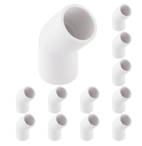 Three Quarter Inch PVC Pipe Fittings 135 Degree Elbows Furniture Grade For DIYers Building Shelves Garden Supports Storage Frames White Pack Of Twelve Sets