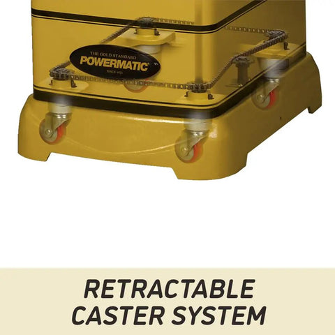 Heavy Duty 5 HP Spindle Shaper With Cast Iron Base And Digital Readout For Zero Error Cutting Includes Micro Adjust Fence And 30 X 40 Table With 3 Phase Motor For Pro Shop Applications Requiring Rock Solid Reliability - Close-up of retractable caster system.