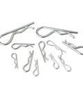 R Shape Cotter Pins Set 150 Pieces Carbon Steel Small Metal Spring Pins spread out on white background