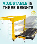 Hella Sturdy Folding Tire Step For Tesla Cybertruck Crew Featuring Heavy Duty Steel Frame With Grippy Steps To Make Garage Work A Total Slam Dunk This Week, showing adjustable height settings at 14.7" and 4.6".