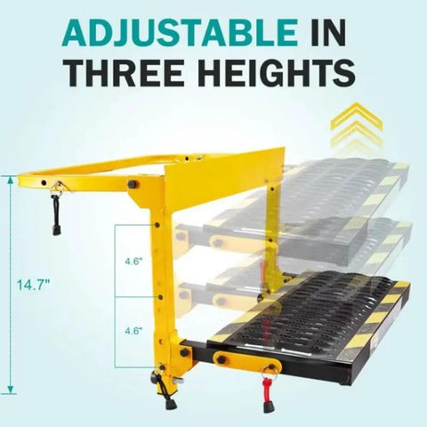 Hella Sturdy Folding Tire Step For Tesla Cybertruck Crew Featuring Heavy Duty Steel Frame With Grippy Steps To Make Garage Work A Total Slam Dunk This Week, showing adjustable height settings at 14.7" and 4.6".