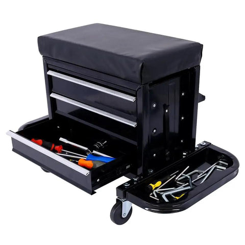 Three Drawer Chest Rolling Mechanic Seat With Tool Trays For Garage And Warehouse Heavy Duty Toolbox Seat Black 350 Pounds Max Weight Capacity With Comfort Vinyl Padding And Ample Storage