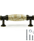 Set Of 10 Antique Brass Cabinet Drawer Pulls With Brown Marble Ceramic Center Handles Shown With Mounting Hardware