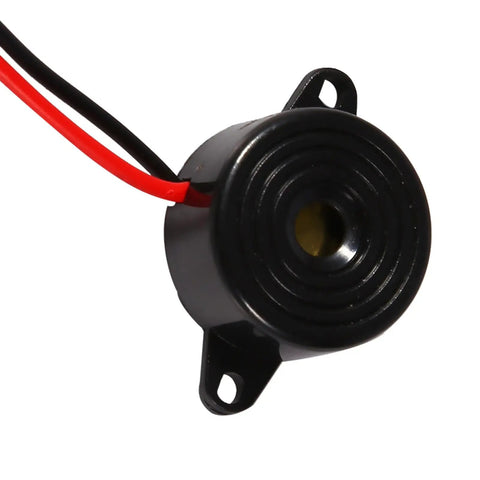Close-up of DC 3 To 24V Piezo Buzzer Alarm For Continuous Sound Active Piezo Transducer With 100mm Cable, black casing visible