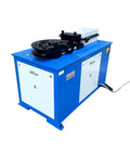 Heavy Duty Programmable Electric Hydraulic Tube And Pipe Bender Featuring Programmable Logic Controller Seven Horsepower Motor Includes Three And Two Point Three Eight Inch Dies Quick Swap Auto Or Manual Modes Bends Up To One Eighty Degrees Tough As Nails, industrial pipe bender with metal frame and control panel.