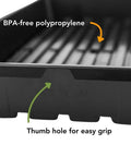 Extra Tough No Holes Seed Starting Trays 5 Pack Built To Last Durable BPA Free Plastic Nursery Flats showing BPA-free polypropylene material