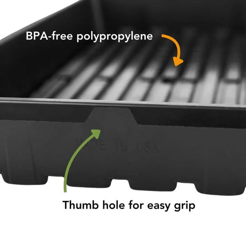 Extra Tough No Holes Seed Starting Trays 5 Pack Built To Last Durable BPA Free Plastic Nursery Flats showing BPA-free polypropylene material