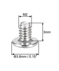 Heavy Duty M2x3mm Phillips Machine Screws Slick Nickel Plated Carbon Steel Fasteners with 3.8mm heads, detailed dimensions shown.