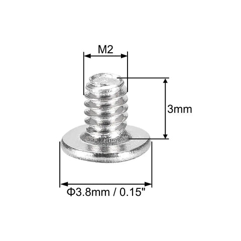 Heavy Duty M2x3mm Phillips Machine Screws Slick Nickel Plated Carbon Steel Fasteners with 3.8mm heads, detailed dimensions shown.