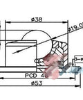 Technical drawing of Pro Grade Universal Steel Ball Casters With Spring Damped Cushioning and Reliable Cattle Eye Base dimensions.