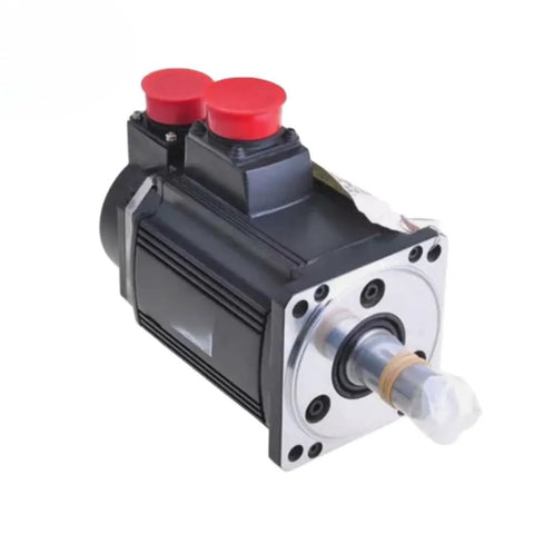 Industrial Servo Motor For Automation With Fast Response, Compact Design, No Fuss Easy Installation, Plug And Play Motion Control For Precise, Reliable Performance In Manufacturing Environments. Black metal servo motor with red caps and shaft
