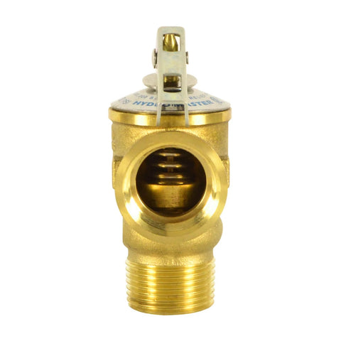 Hydro Master safety relief valve with 3/4 in NPT thread, 30 PSI, brass body, front view