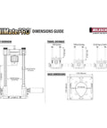 Dimensions guide of Beefy Pro Grade Portable Drill Press Drilling Guide with diagrams of travel and base.