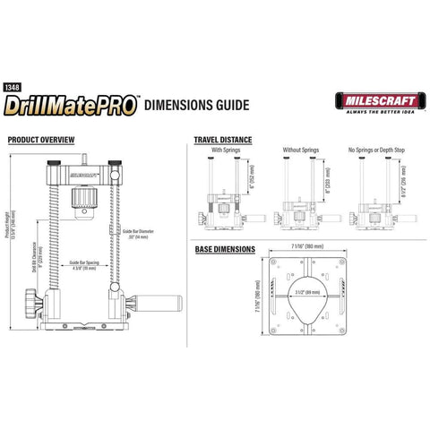 Dimensions guide of Beefy Pro Grade Portable Drill Press Drilling Guide with diagrams of travel and base.