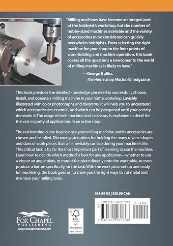 Back cover of The Milling Machine for Home Machinists book; milling photo and Fox Chapel Publishing logo.