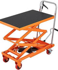 VEVOR manual hydraulic lift table cart with non-slip pad, orange alloy steel, four wheels, 50-inch lifting height.