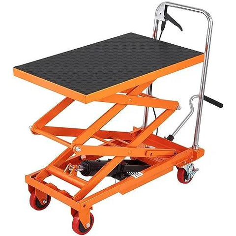VEVOR manual hydraulic lift table cart with non-slip pad, orange alloy steel, four wheels, 50-inch lifting height.