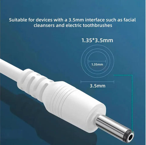 Close-up of a white USB to DC cable 3.3ft for hydrogen water generators showing connection size details.