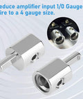 Heavy Duty 1/0 Gauge To 4 Gauge Power Wire Reducer For Car Audio Amps, 6061 Aluminum, Nickel Plated Terminals, One Cable Adapter For Oversized Wire, Ideal For Power And Ground Wiring, shown with 1/0 to 4 gauge fit