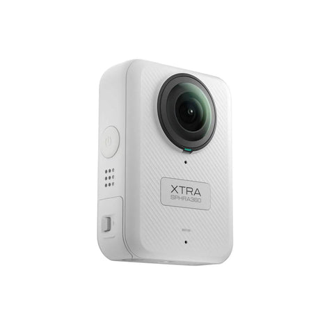 8K Panoramic 360 Camera For Vlogs And Adventure Shots With 1 Inch Sensor Equivalent 100MP High Resolution Waterproof Action Cam 105GB Built In Storage Bullet Time Broad Compatibility Epic Travel Vlogs Ready shown in side view close-up.