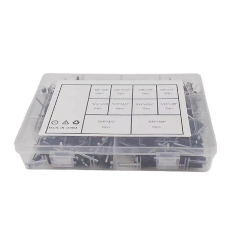 400 Pieces Black Aluminum Pop Rivets Kit With Ten Sizes One Eighth Inch Five Thirty Second Inch Three Sixteenth Inch Assorted Blind Rivets For Metal And Plastic With Handy Storage Case, showing labeled compartments and clear lid.