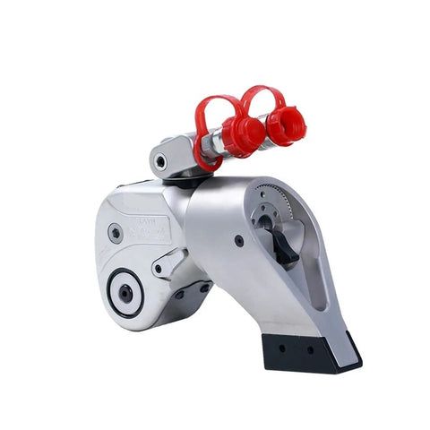 Genuine Heavy Duty Hydraulic Torque Wrench With Square Drive And 360 Degree Swivel Inlet For Pro Mechanics silver aluminum body with dual red safety caps.