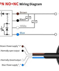 NPN NO+NC wiring diagram for Background Suppressed Diffuse Reflection Photoelectric Sensor, showing color-coded wiring connections