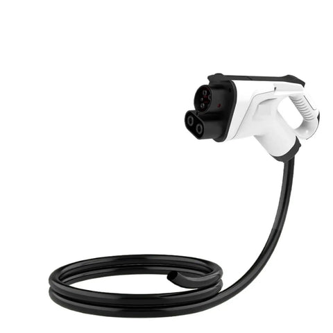 Heavy Duty CCS1 EV Charger Adapter With Five Meter Cable White Hella Tough Build sturdy connector with black cable coiled beside it.