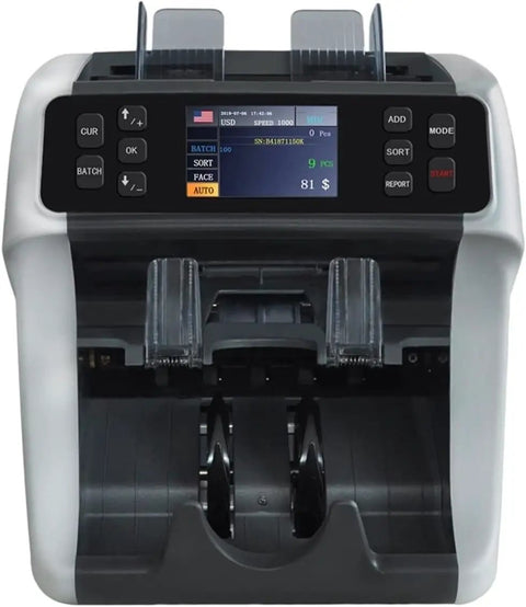 Grind Ready Cash Processor With Auto Bill Sorting Uv Mg Ir Detect Sneaky Fakes Serial Number Logging And Mixed Denomination Processing For Busy Entrepreneurs Who Want Zero Nonsense Efficiency with TFT display showing sorting details.