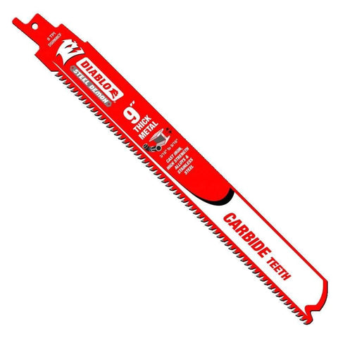 Diablo DS0908CF10 9-inch carbide-teeth reciprocating saw blade, red with Diablo logo for thick metal