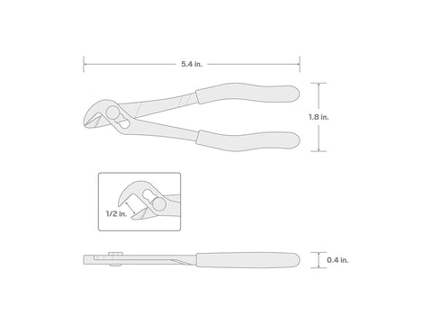 Technical drawing showing dimensions of Five Inch Angle Nose Slip Joint Pliers With Half Inch Jaw, Three Position Adjustments.